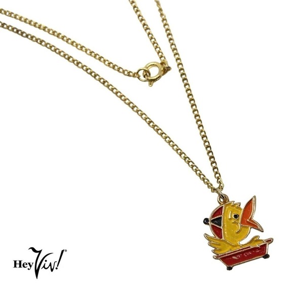 Vintage 80s Enamel Charm Necklace Cute Yellow Duck in a Boat 16" Chain - Hey Viv - Picture 3 of 4